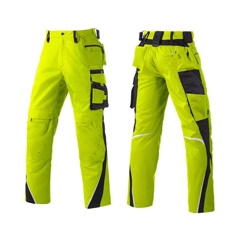 Men's Work Pants with Multi Pockets Two Tone Construction Pants with Reflective Stripes Cargo Pants Zipper Front Work Wear Pants