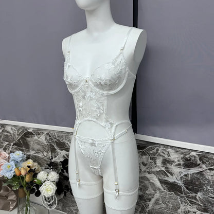 Floral Embroidered Boned Corset Lingerie Set Sheer Mesh Underwire Bustier Garter Straps Waist Cincher Romantic Night Clubwear