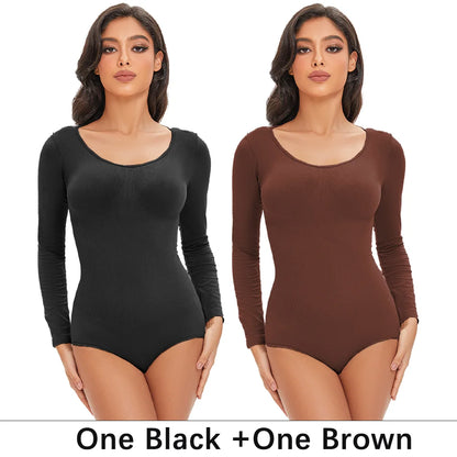 POKARLA Spandex Elastic Body Suit Shapewear Women Body Shaper Tummy Control Long Sleeve Open Crotch Round Neck Seamless Shapers