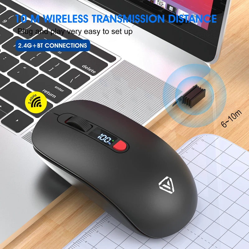 Trådlös Mus Bluetooth + 2,4G S201B – Smart Batteri-display Tyst Klick 3200 DPI USB-C Laddning Laptop PC 2026