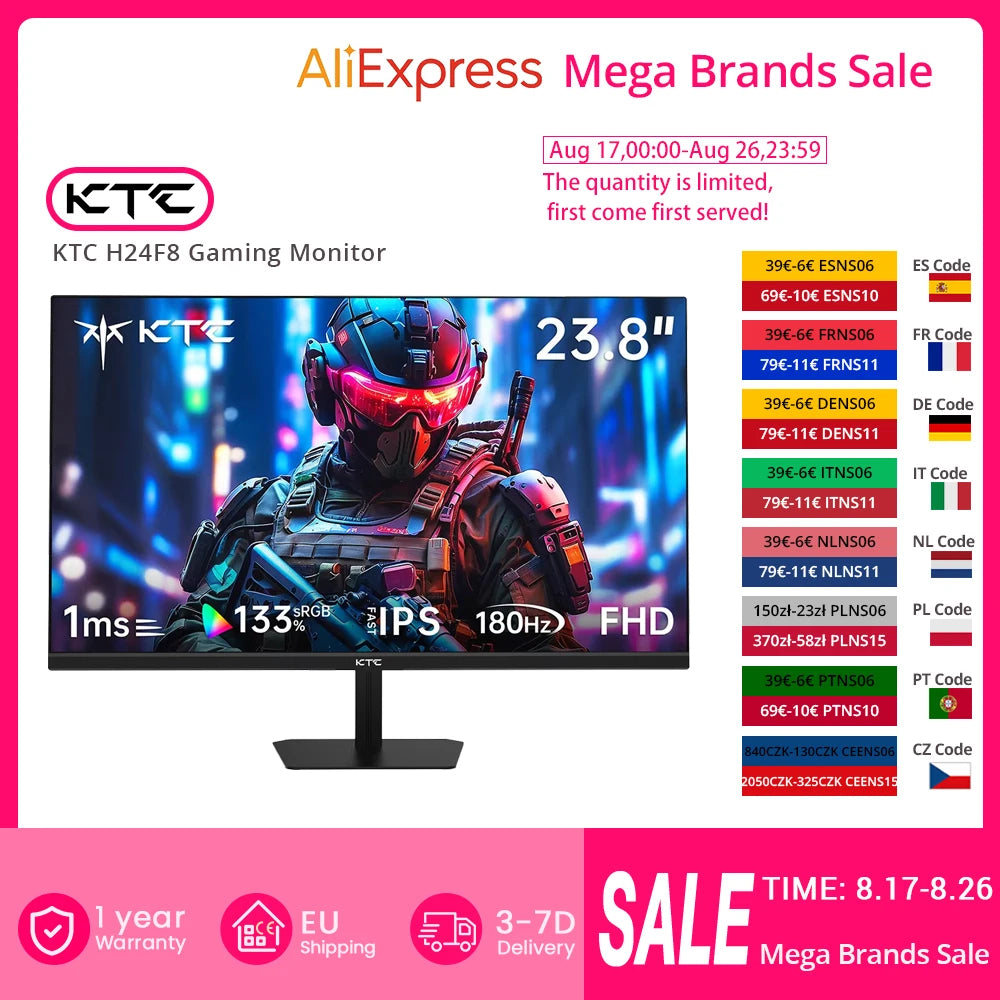 KTC H24F8 Gaming Monitor 23,8" – Fast IPS 180Hz 1ms HDR10 FreeSync 99% sRGB VESA EU-lager