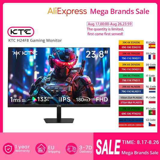 KTC H24F8 Gaming Monitor 23,8" – Fast IPS 180Hz 1ms HDR10 FreeSync 99% sRGB VESA EU-lager