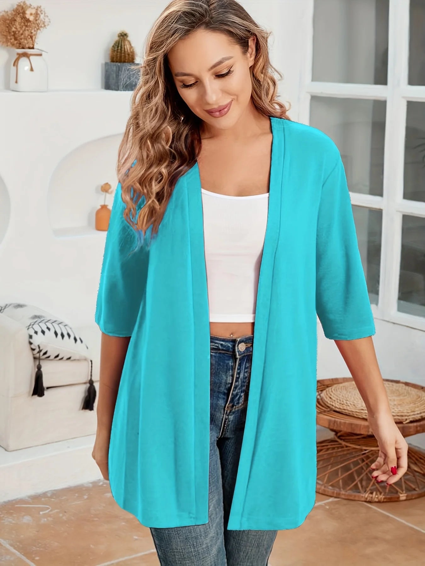 Dam Plus Size Elegant Kofta – Halvlång 3/4-ärm Hög Stretch Öppen Casual Höst/Vinter, 9 Färger XL–4XL