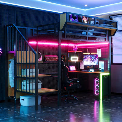 90×200cm & 140*200cm Metal High Bed, with Desk, Shelf and Storage Net, Complete with Safety Ladder, LED Lighting and Socket