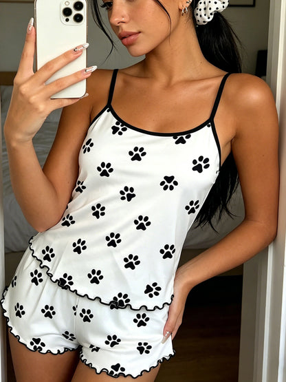 Dam Pyjamas Set Tassavtryck – Camisole & Shorts Volangkant Söt Vår/Sommar/Höst, S–1XL