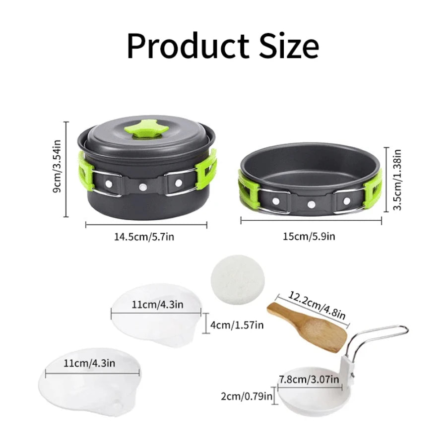 Campingkokset 9-delar – Non-Stick Aluminium, Kastrull, Panna, Skålar & Förvaringsväska, Ljusgrön