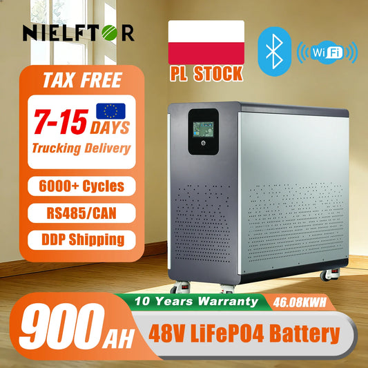 NIELFTOR LiFePO4 Batteri 51,2V – 100/120/200/300/600/900Ah (5–46kWh), WiFi+Bluetooth+CAN/RS485+LCD, BMS 16S, 16 Parallella, Hjul, 10års Garanti, Off-Grid/Sol/Husbil