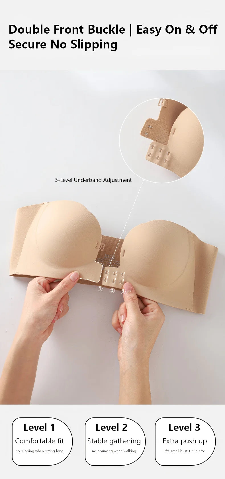 Wireless Strapless Bra Women Double Front Buckle 6Point AntiSlip 3Level 3D Molded Petal Deep V Seamless Multiway Pushup Bra 1PC