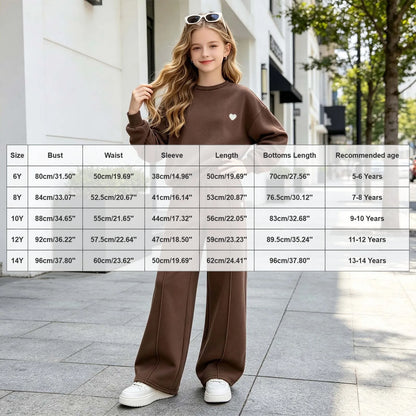 Teenage Girl 2Pcs Outfit Long Sleeve Crew Neck Sweatshirt Loose Wide Leg Pants Casual Daily Playwear Children Kids Girls Clothes