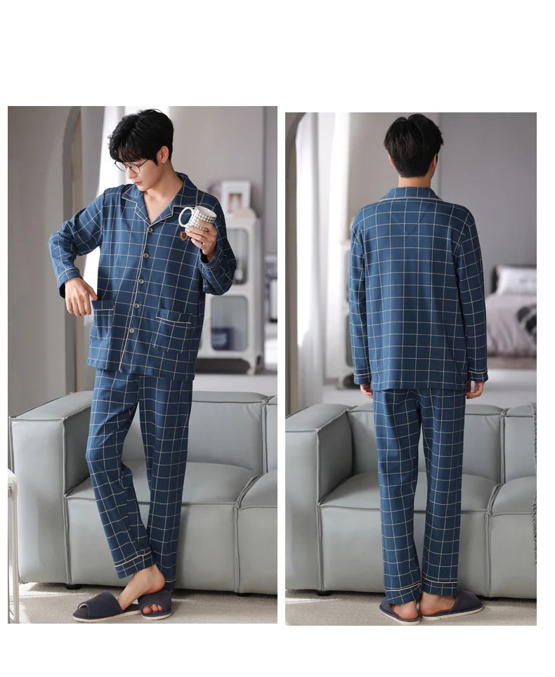 MiiOW Herr Pyjamas Set Vinter – Bomull Långärmad Rutig Grå Krage Plus Size, 8 Färger M–XXXL