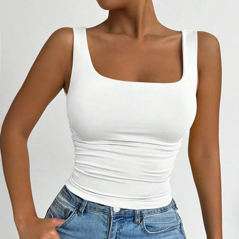Women Square Neck Tank Top Summer Sleeveless Sexy Slim Fit Y2K Crop Top Female Black White Casual Basic Tight T-Shirt