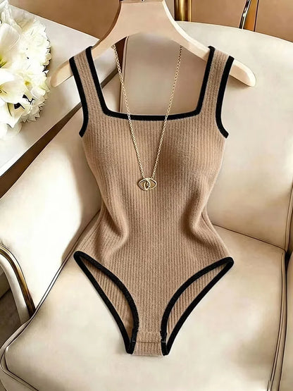 Dam 3-delat Ribbat Bodysuit-set – Fyrkantig Urringning Midjebetonande Backless Strand Nattliv Elegant, 4 Färger XS–XL