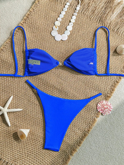 Sexy Solid Color Swimsuit Women' Swimwear 2026 New Bandeau Bikinis Rings Bikini Bandage Beachwear Two Piece Bathing Suit