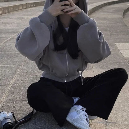 Zippered Long Sleeved Hooded Sweatshirt Loose Casual Simple Trendy Versatile Solid Color Fashionable Lazy Jacket Wholesale