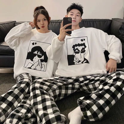 Kawaii Crayon Shin-Chan Couple Pajamas Set New Men's/women's Fashion Casual Pajama Plush Coral Fleece Winter Cartoon Homeclothes