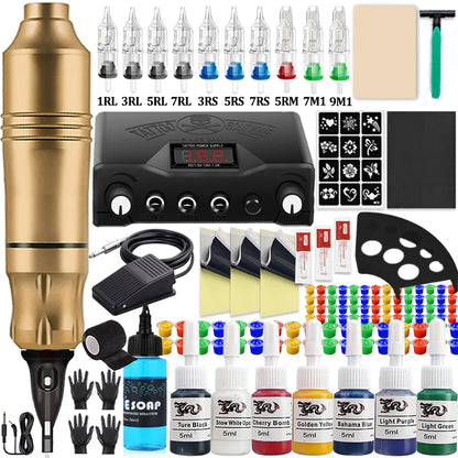 Complete Cartridge Tattoo Pen Machine Kit DC Rotary Machine Pen with Cartridge Needles Power Supply Inks for Tattoo Beginner Set