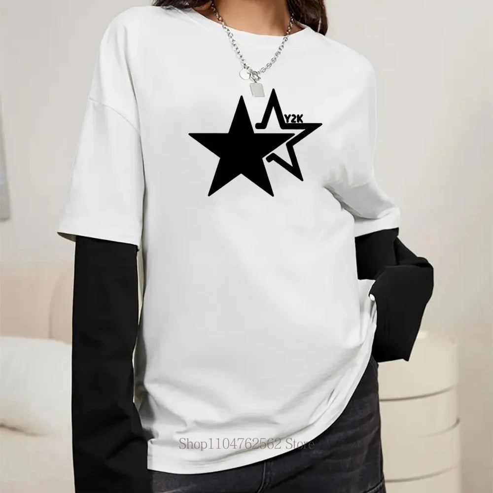 Women Star Y2K Print Graphic Fake Two Long Sleeved T-shirts Fashion Gothic Retro Casual Loose Fake Two Long Sleeved T Shirt