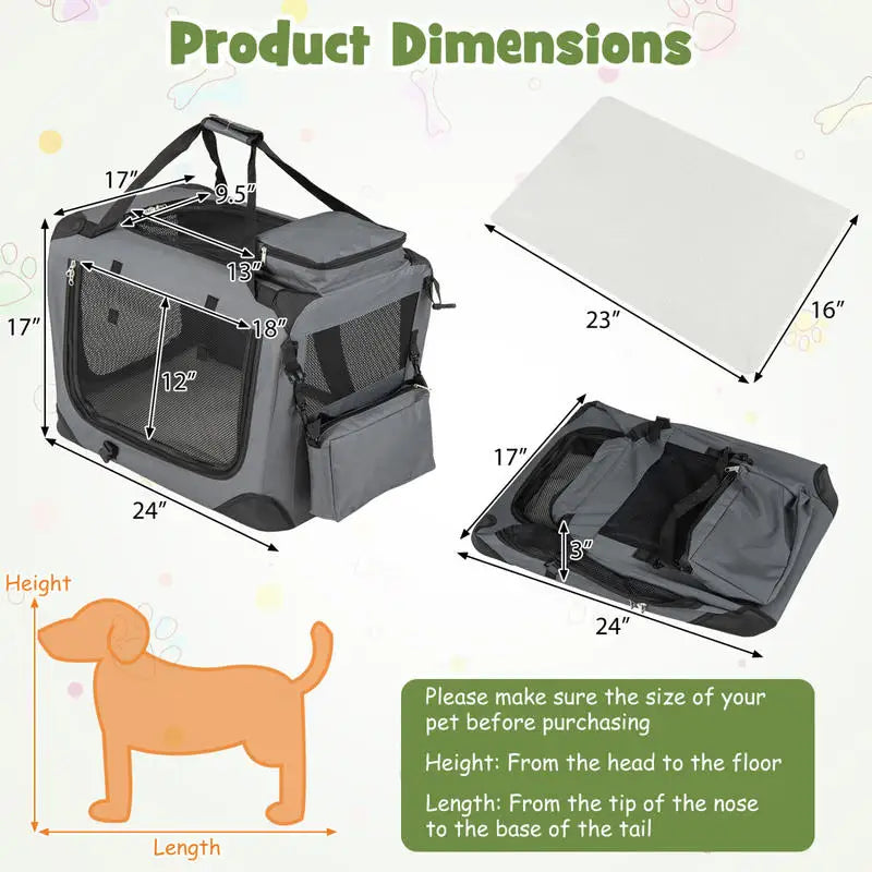 61/72/84/91cm Collapsible Soft Dog Crate with Mesh Windows for Small/Medium/Large Dogs and Cats-Grey-S