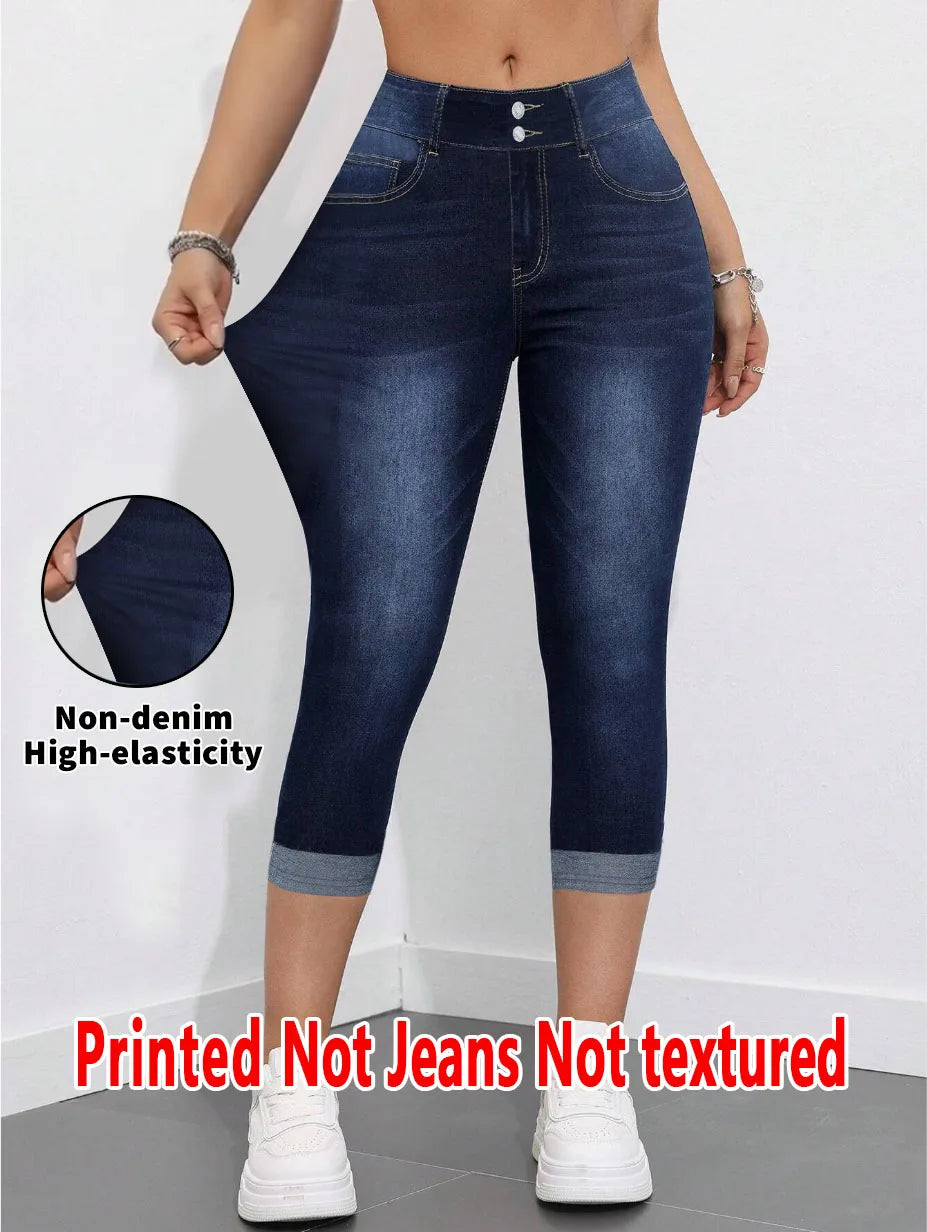 2007 [Printed Pants - Not Denim Fabric] Printed Legging - Not Denim Fabric Women's Imitation Denim Capri Pants Summer Blue