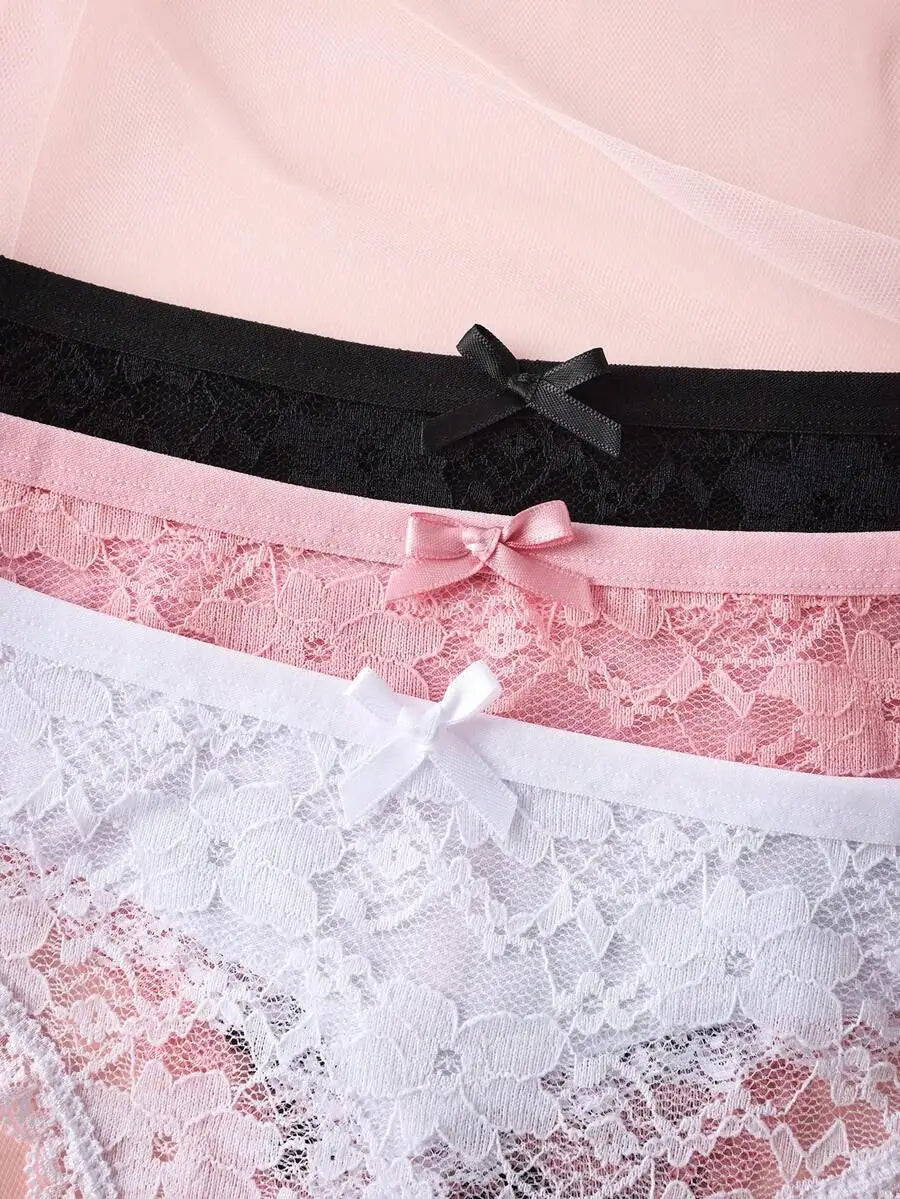 3Pcs Sexy Lace Women Thongs Transparent Women Panties Sexy Underwear Solid Floral G-String Size XS-XL Female Underpants Lingerie