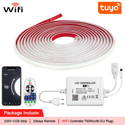 220V COB LED-ljusslinga – Tuya WiFi/Bluetooth/Fjärr, IP65, 288 LED/m, 0,5–50M, EU-kontakt