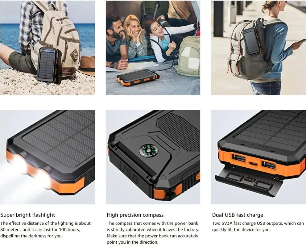 2026 New 200000mAh High Capacity Solar Power Bank Fast Charging USB-A/USB-C for IOS Android Portable Charger