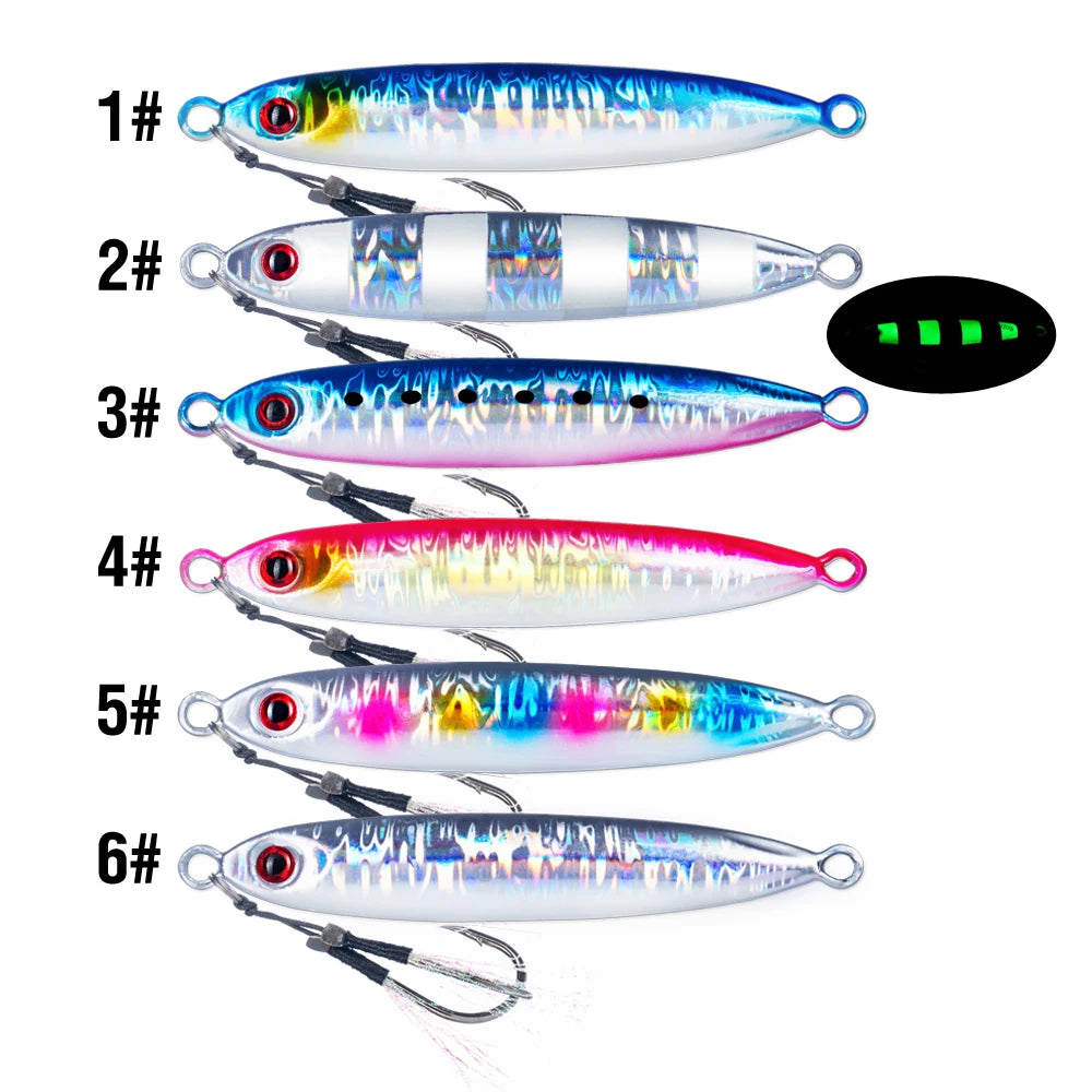 6Pcs Metal Jigging Lure 10-100g Slow Sinking Casting Bait 3D Eyes Luminous with Assist Hooks for Sea Fishing