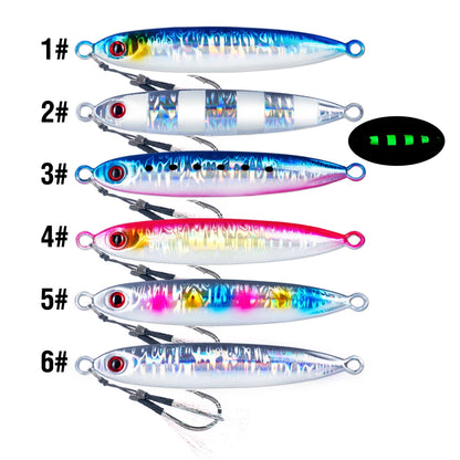 6Pcs Metal Jigging Lure 10-100g Slow Sinking Casting Bait 3D Eyes Luminous with Assist Hooks for Sea Fishing