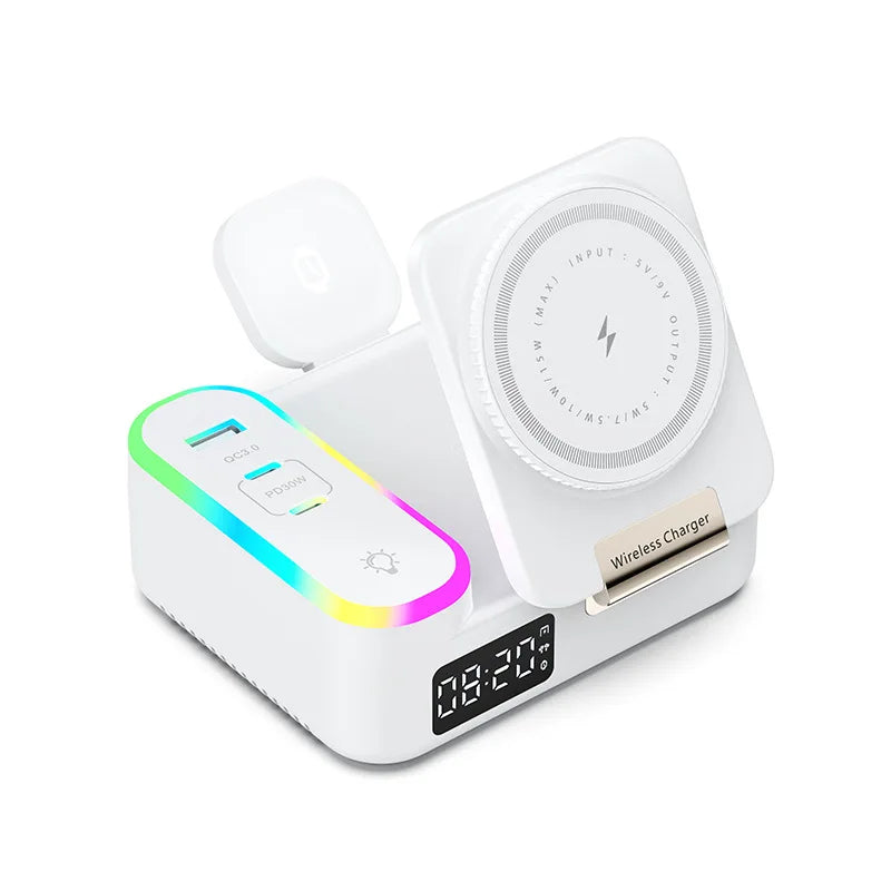 LYNXZ 8-i-1 Magnetisk Trådlös Laddstation 15W – RGB MagSafe PD30W USB-C iPhone AirPods Apple Watch Vit Svart
