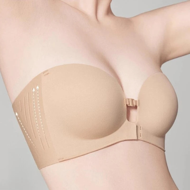 Front Closure Strapless Bras For Women Seamless Push Up Brassiere Thick Soft Underwear Solid Color Adjustable Invisible Lingerie