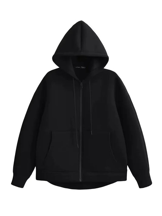 Dam Hoodie Jacket 2026 – Oversized Dragkedja Dubbelfickor Höst Vinter, Svart/Grå XS–L