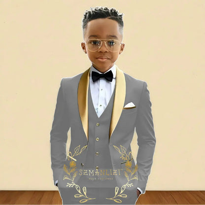 Oil Green Boys Suit 3 Pieces Wedding Tuxedo for Kids Jacket Pants Vest Gold Shawl Lapel Child 2-16 Years Old Customized Outfit