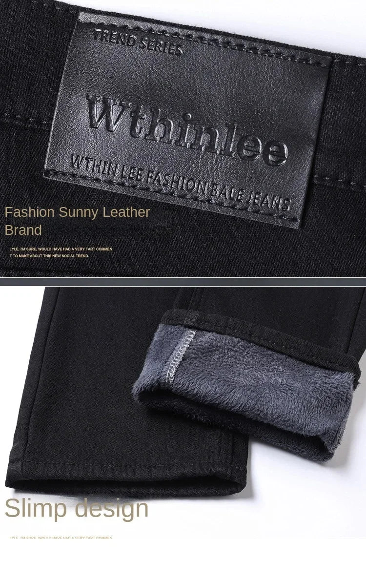 2026 Brand Brushed Jeans Winter Jeans Men Slim Fit Stretch Thick Velvet Pants Warm Jeans Casual Fleece Trousers Male