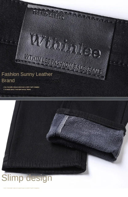 2026 Brand Brushed Jeans Winter Jeans Men Slim Fit Stretch Thick Velvet Pants Warm Jeans Casual Fleece Trousers Male