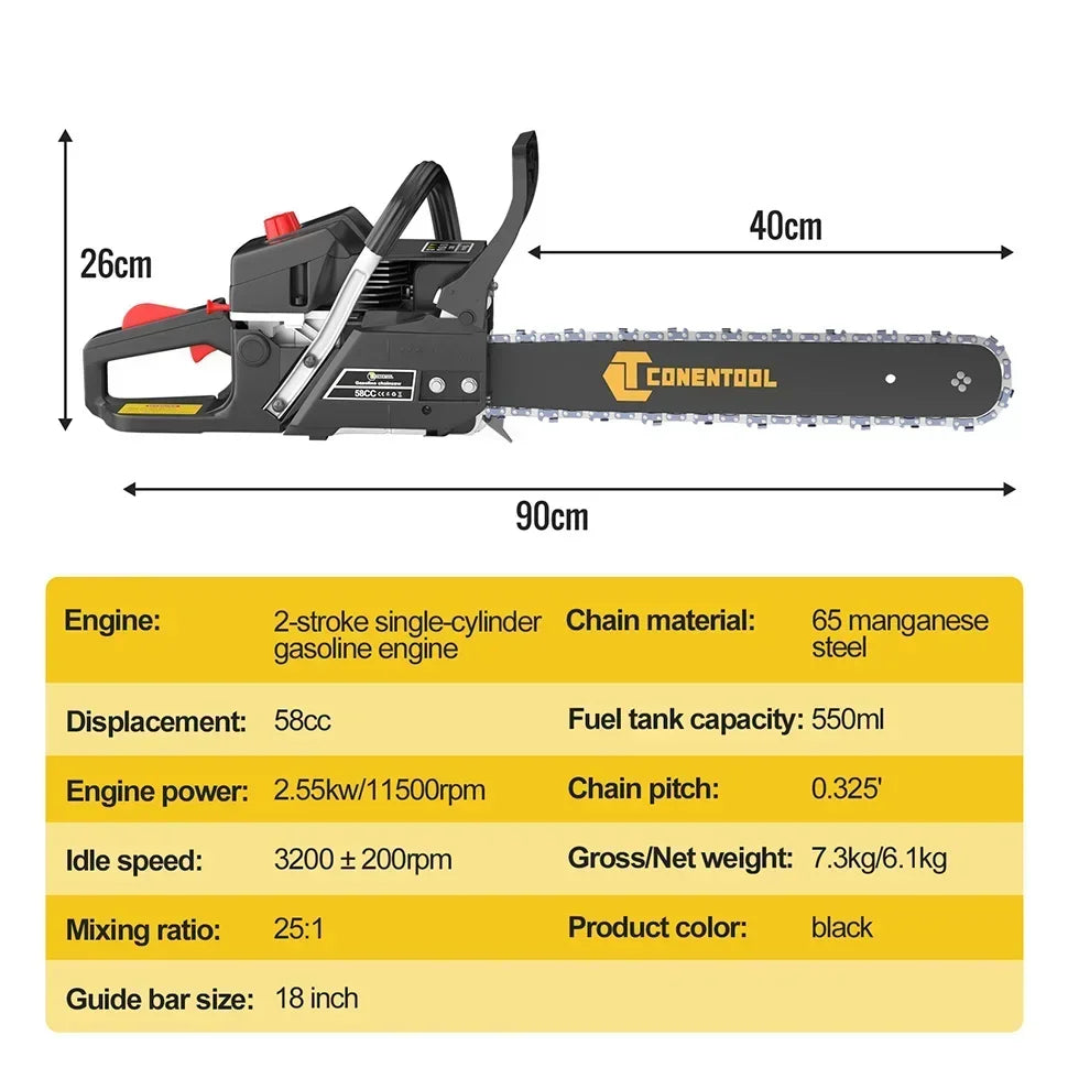 CONENTOOL 58CC 18 Inch Gas Chainsaw 2-Stroke Petrol Chain Saw 2.55kW 11500RPM Wood Cutter for Tree Cutting Firewood Logging Garden Tool