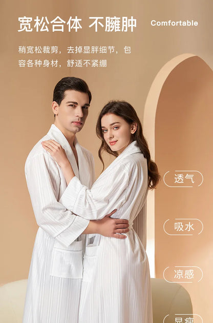 New Stripe Couple Bathrobe Cool Thin Spring Autumn Mid-Length Water Absorbent Loungewear Robe Men Women Luxury Home Nightgown