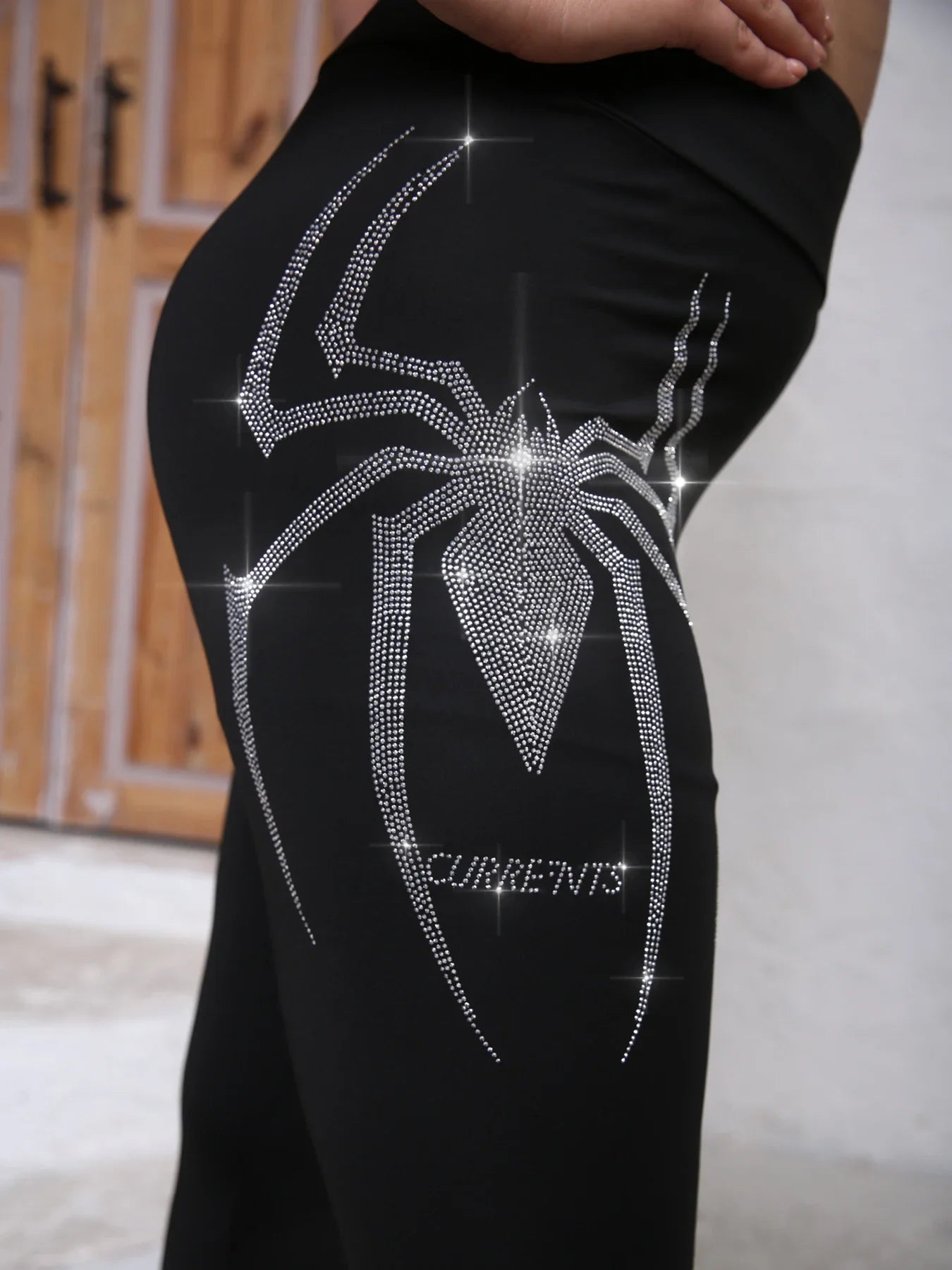 Plus Size Women's Rhinestone Spider Pattern Leggings Comfortable High-Stretch Knit Pants Fashionable Casual Style Trousers
