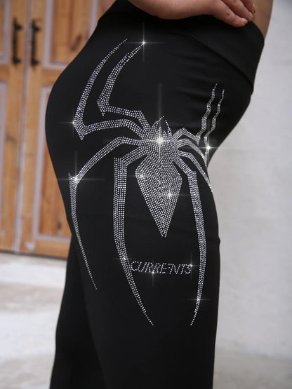 Plus Size Women's Rhinestone Spider Pattern Leggings Comfortable High-Stretch Knit Pants Fashionable Casual Style Trousers