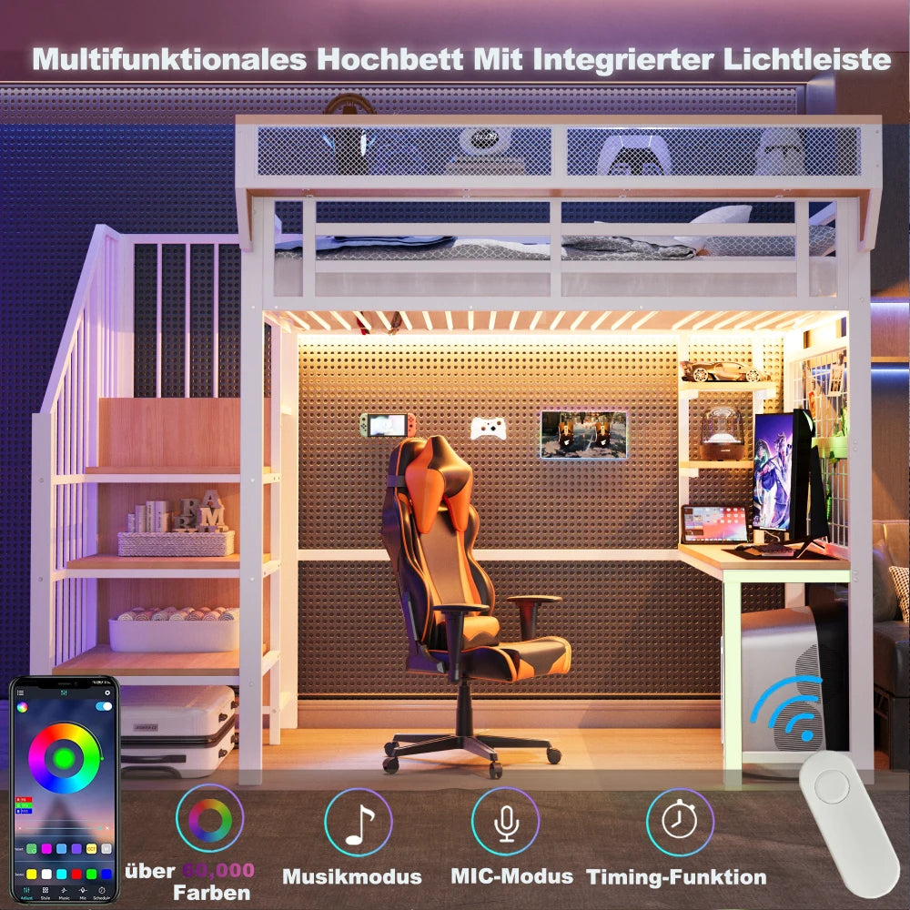 90×200cm & 140*200cm Metal High Bed, with Desk, Shelf and Storage Net, Complete with Safety Ladder, LED Lighting and Socket