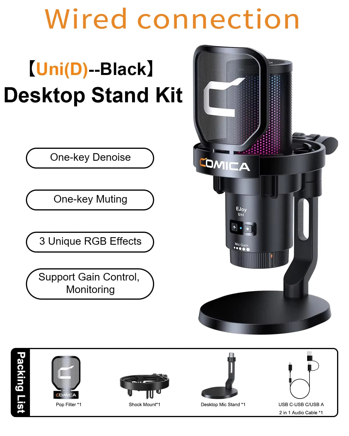 COMICA Ejoy UNI Wired USB Gaming Microphone with Noise Cancellation/RGB for PC Smartphone,Condenser Mic for Streaming Podcasting