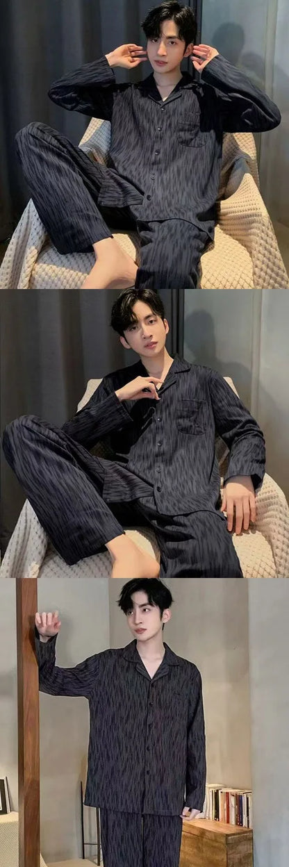 Herr Pyjamas Set Vår & Höst – Långärmad Ledig Enfargad Molnbomull 2-delad, 9 Färger L–3XL