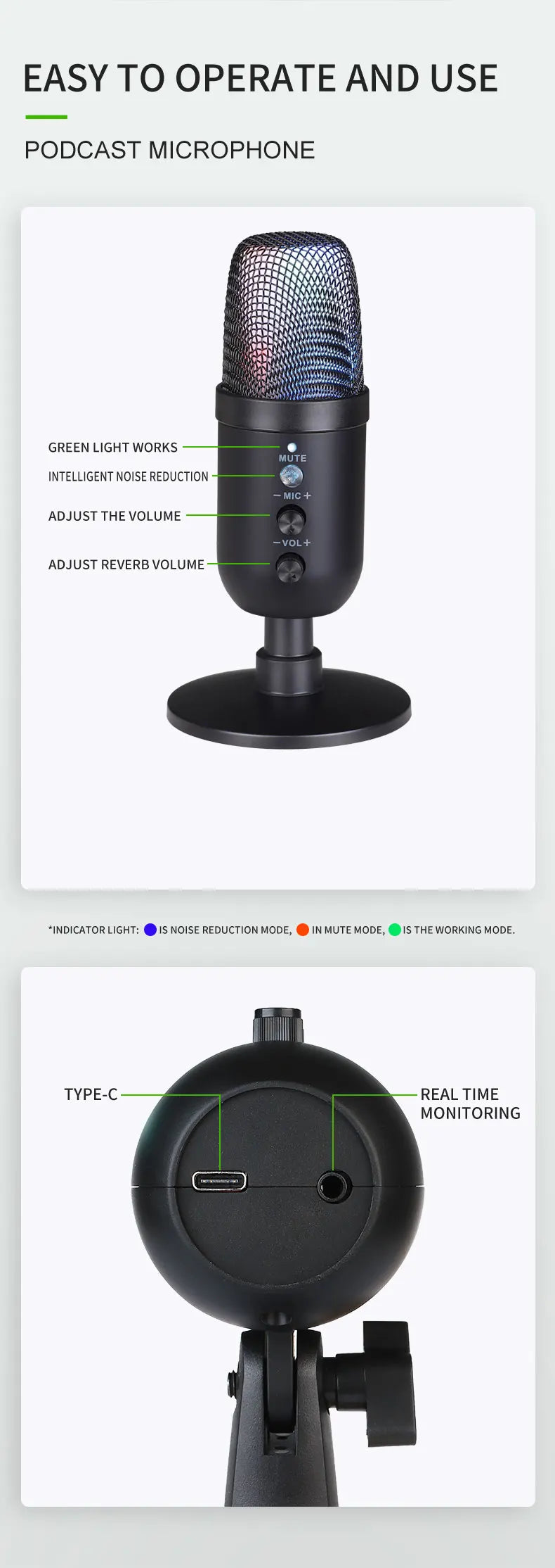 FUHAM MU1000 USB Condenser Microphone RGB Gaming Mic Noise Cancelling One Key Mute for Streaming Recording Conference PC
