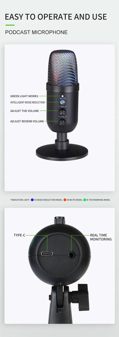 FUHAM MU1000 USB Condenser Microphone RGB Gaming Mic Noise Cancelling One Key Mute for Streaming Recording Conference PC