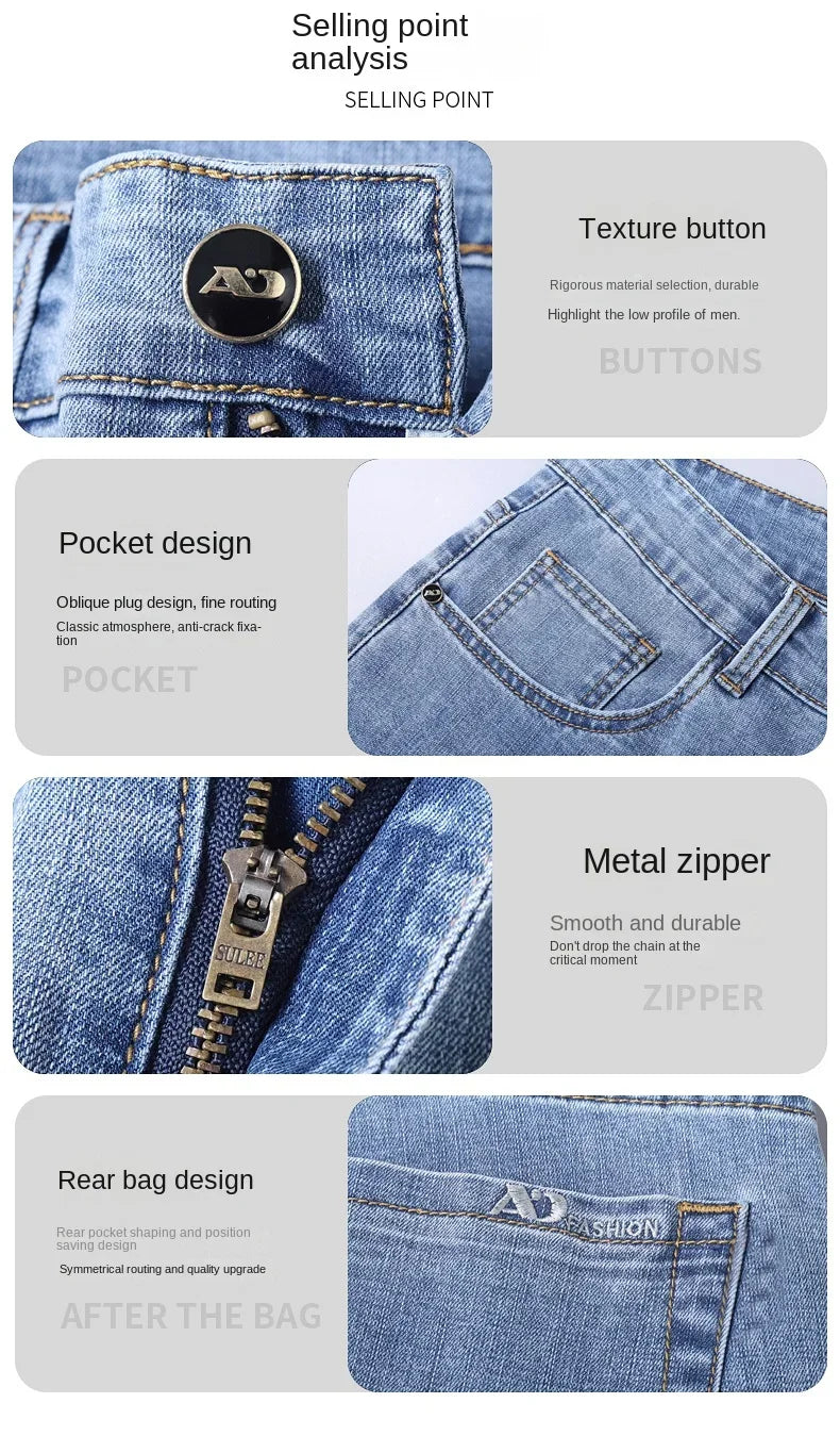 Spring and Summer Thin Men's Light Blue Slim Jeans Stylish Casual Stretch Fabric Denim Pants Classic Trousers Smoke Gray