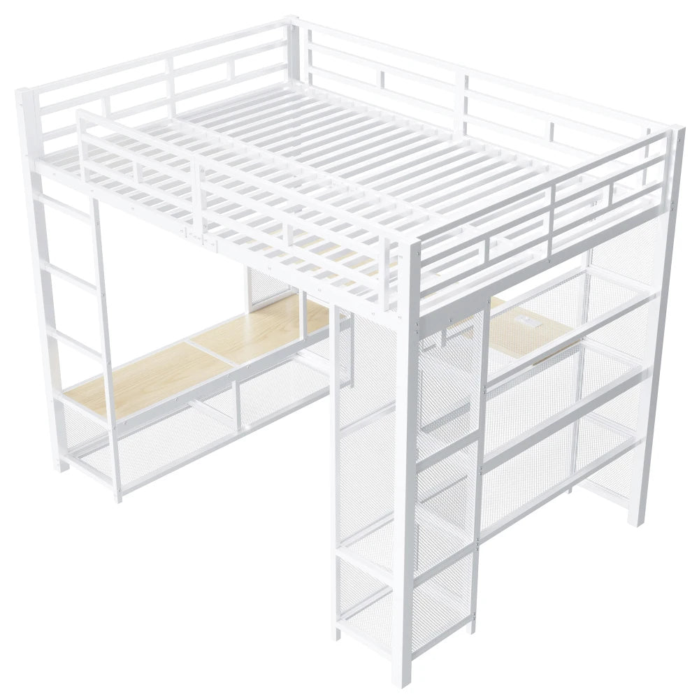 140x200cm Metal High Bed with Storage and Open Wardrobe, Kids Bedroom Bed with USB Connector and LED Lighting, Black/white