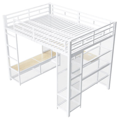 140x200cm Metal High Bed with Storage and Open Wardrobe, Kids Bedroom Bed with USB Connector and LED Lighting, Black/white