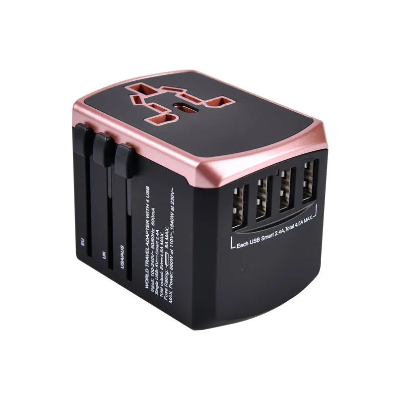 Global Power Converter for Travelers: Multi-Standard Plug (US/EU/UK/AU), 2000W Max, 4 USB Charging, Safety Door