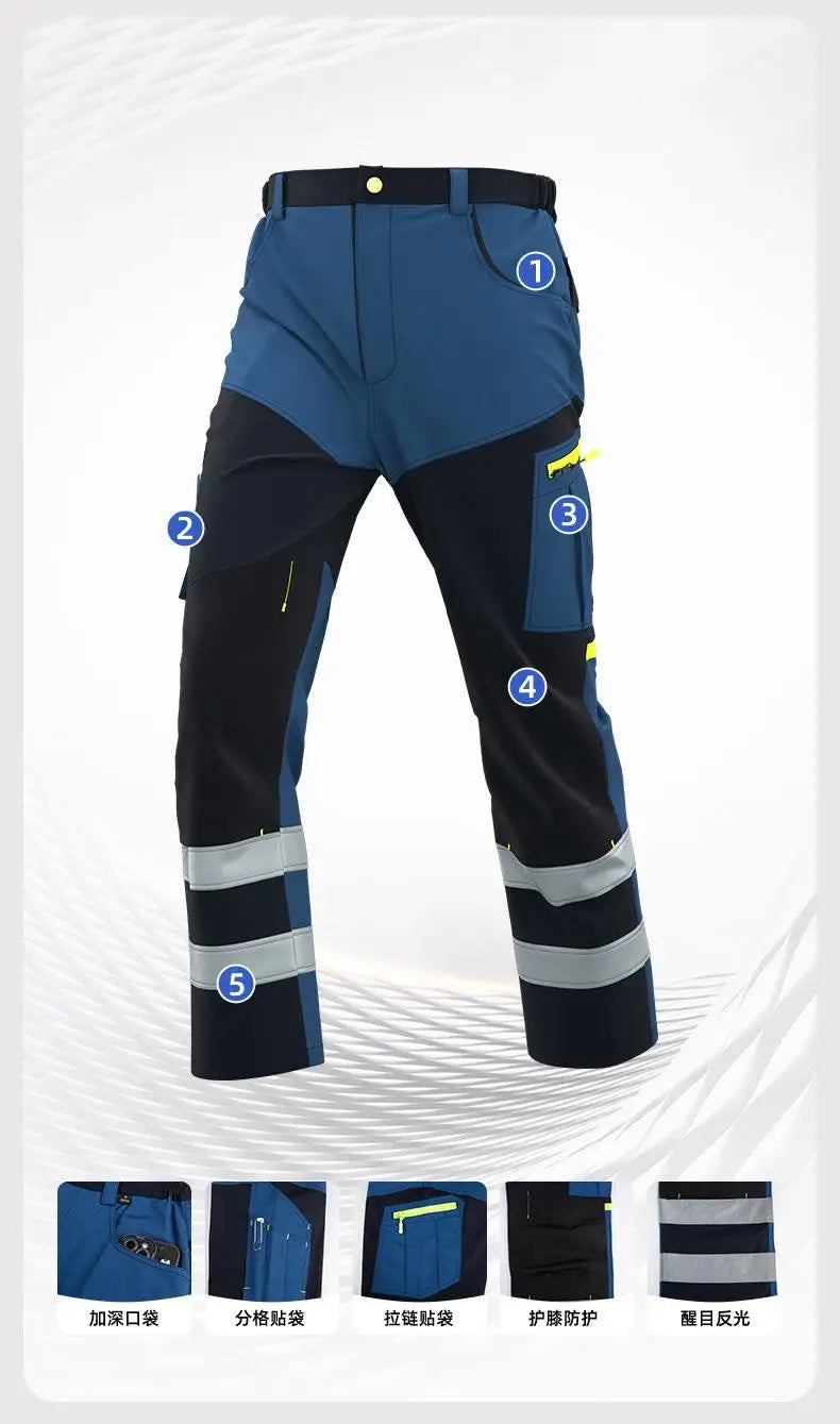 Spring Autumn Multi Pocket Men's Work Pants Wear Resistant Workshop Factory Construction Workers Clothes Reflective Strip Pants