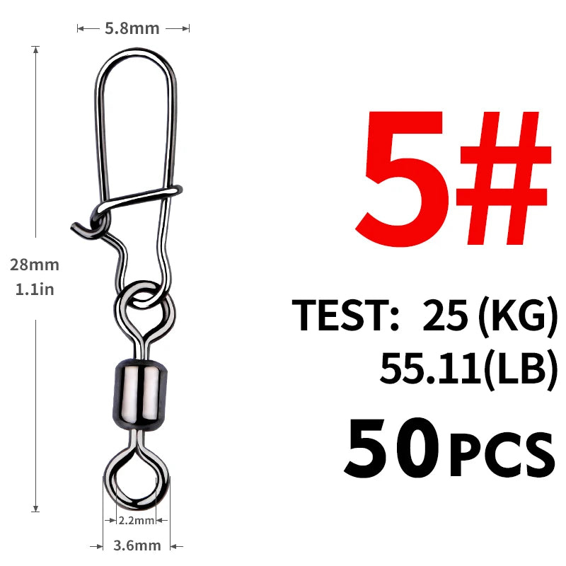 MEREDITH 50PCS Pike Fishing Accessories Connector Pin Bearing Rolling Swivel Stainless Steel Snap Fishhook Lure Swivels Tackle