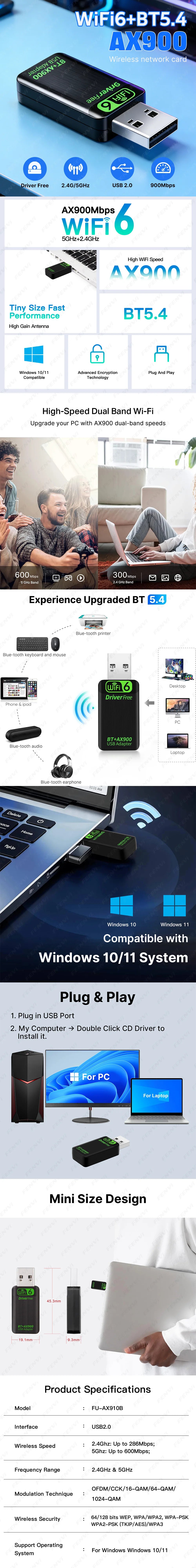 WiFi 6 AX900 BT5.4 USB Adapter 2in1 Dongle Dual Band 2.4G&5GHz Network Wireless Receiver Driver Free For PC/Laptop Windows 10/11
